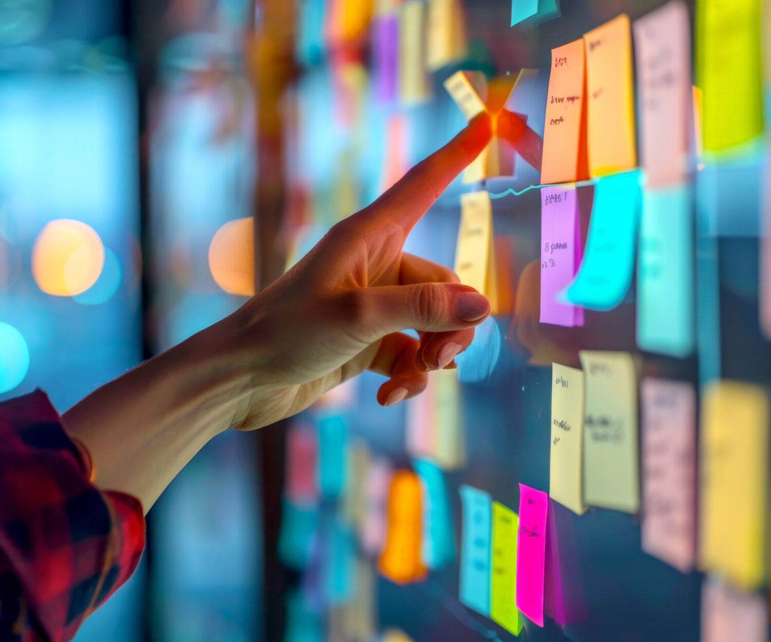 Agile software development scrum methodology boards. workflow, Finger touching virtual interface.AI generative.