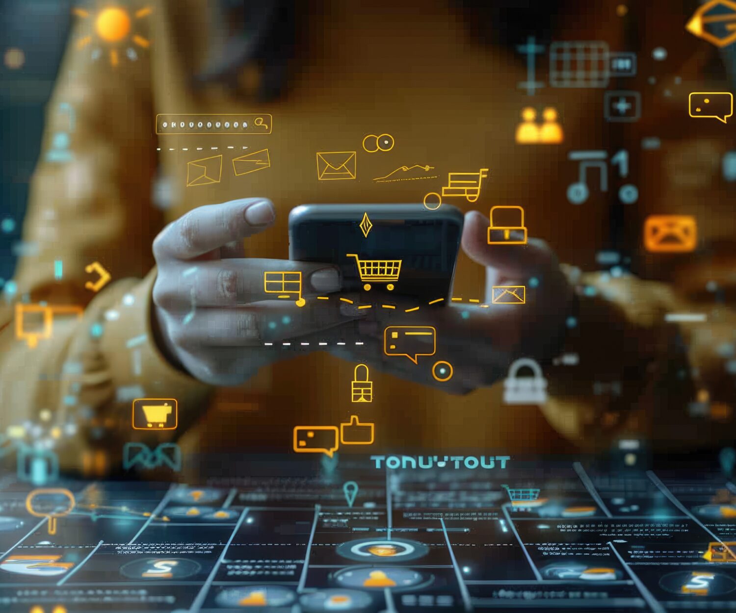 Online shopper: customer navigating social media for purchases using mobile phone, integration of e-commerce with social platforms, convenience, modern digital shopping experiences