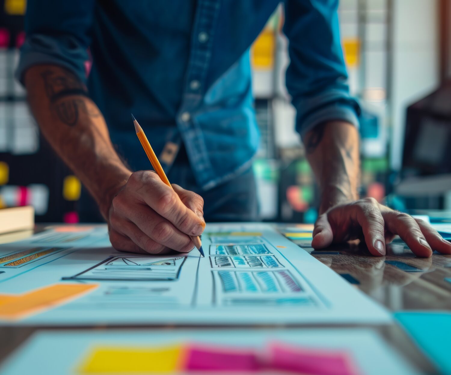 Photo of a young man drawing template for digital marketing related websites. Current trends and trends in UX / UI design. Business people controlling companies remotely, like freelancers.