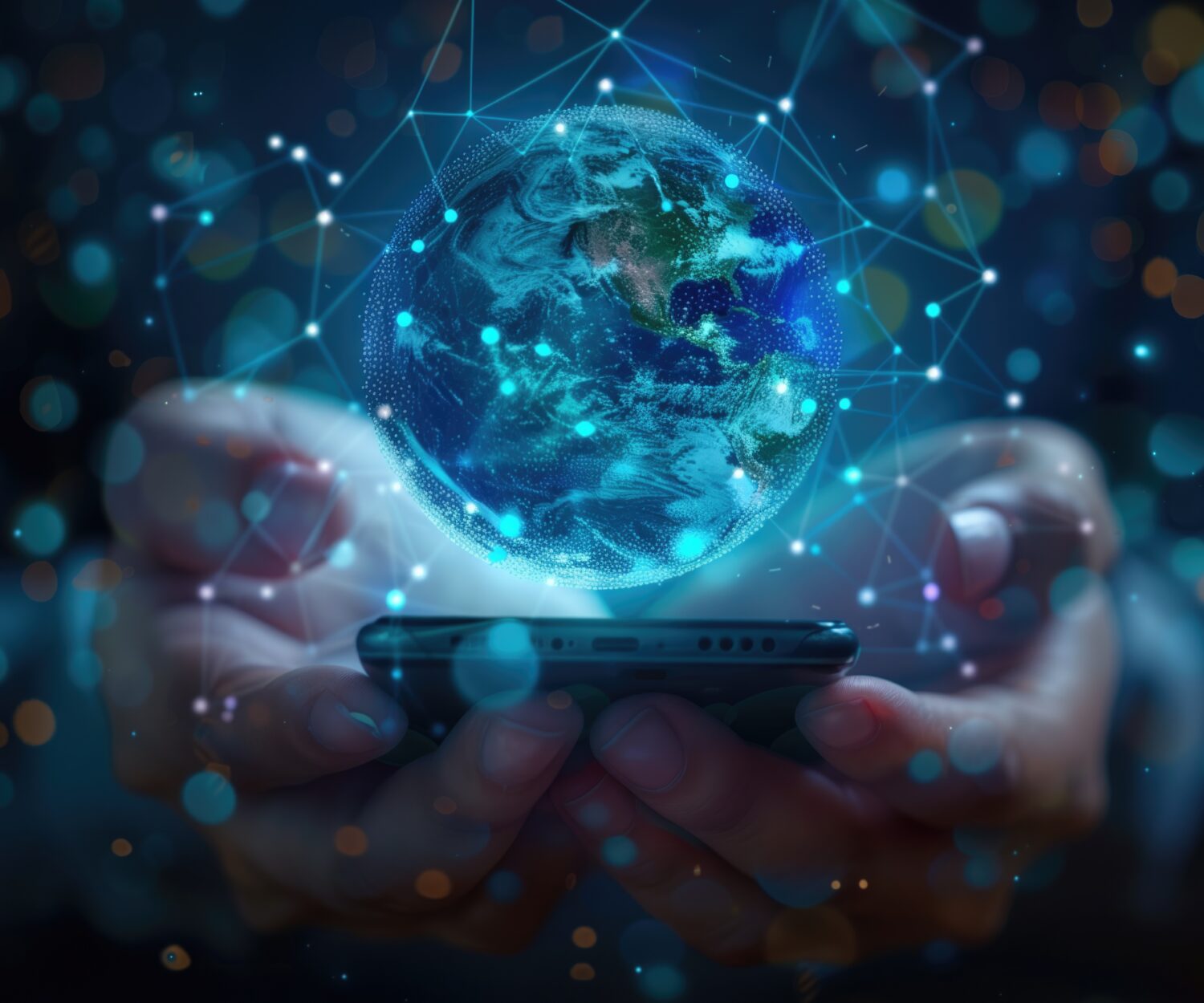 Generative AI of Smartphone Displaying Virtual Globe Concept for Online Community, Internet Connection, and Global Networking