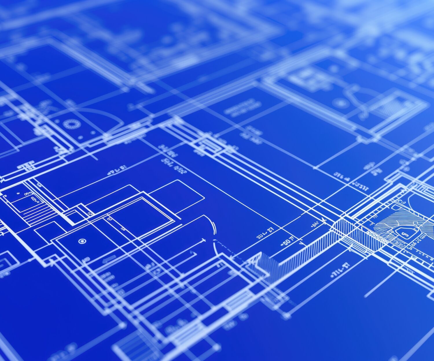 Blue architectural blueprint with detailed plans and layouts, showcasing intricate design and planning