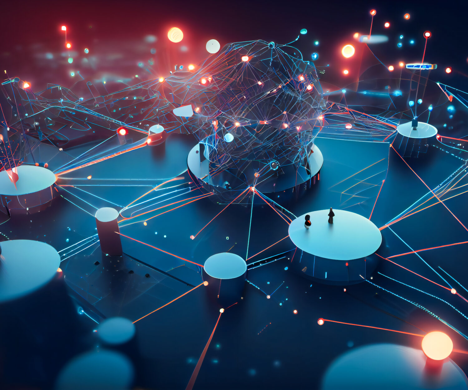A graphical representation of a connected IoT network, with various nodes, devices, and connections.  Generative AI