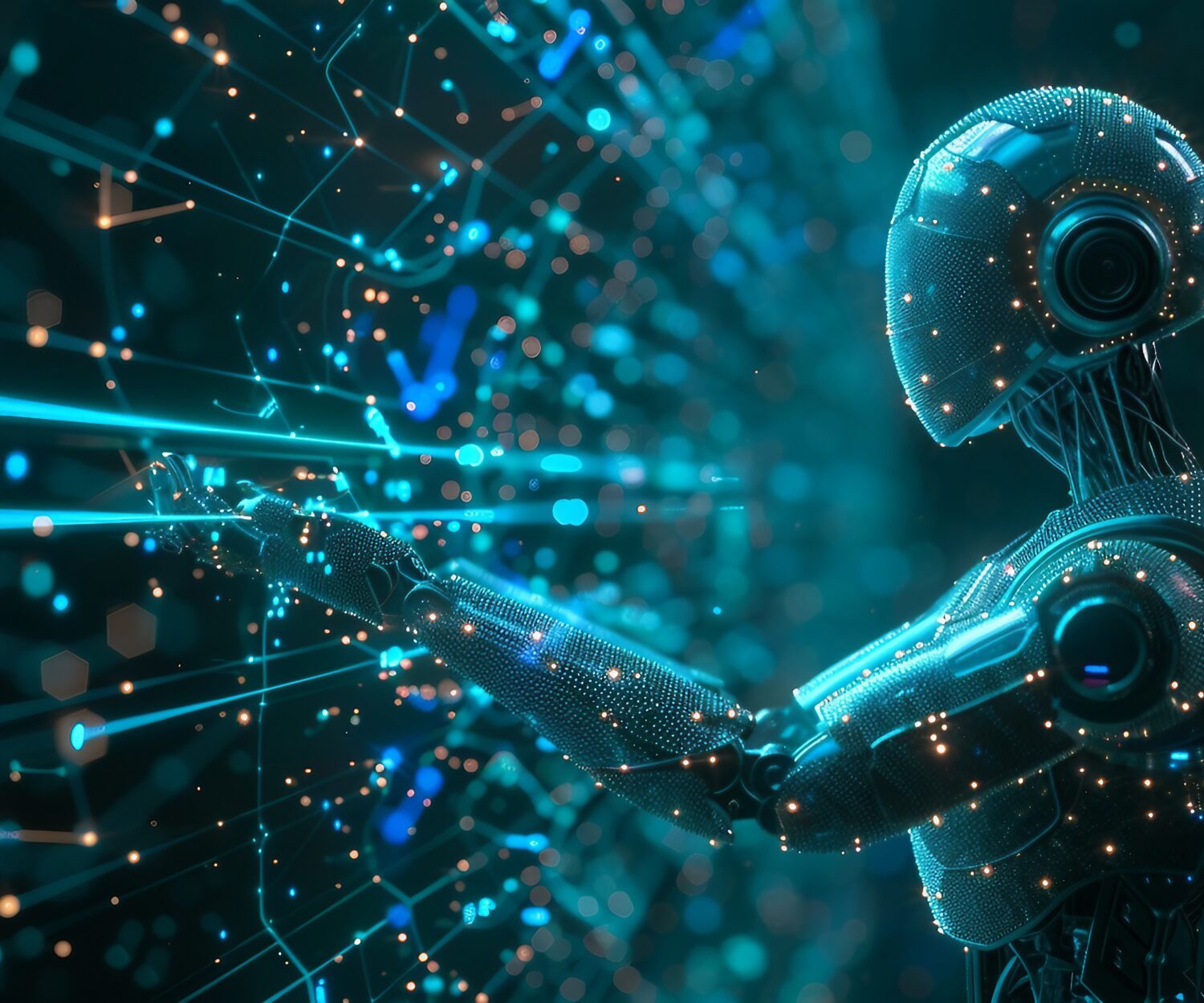 Machine learning robot processing data streams. AI generate illustration