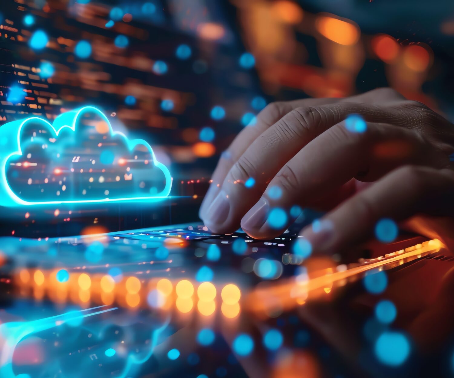Close-up of a network engineer configuring cloud infrastructure, hands typing on a glowing keyboard