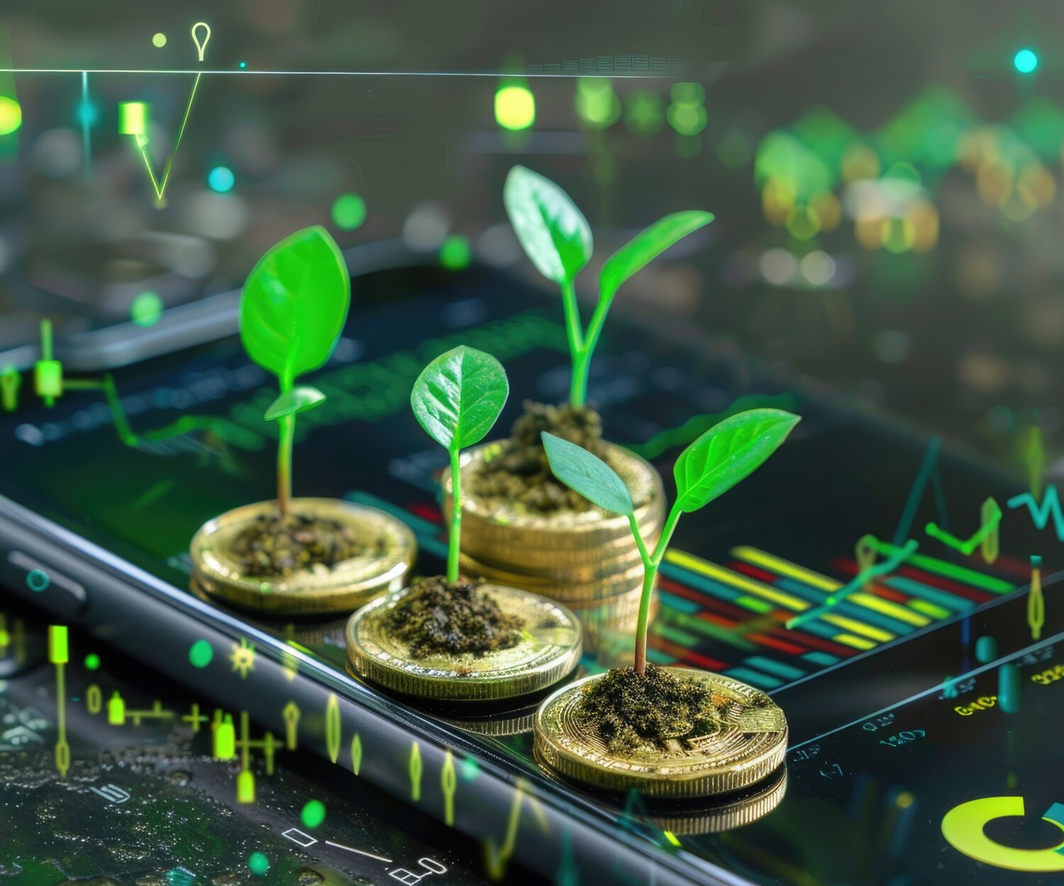 27061016 06 A tech overlay image showing seedlings sprouting on stacks of coins, symbolizing investment in green businesses and sustainable development, integrated with a mobile app interface displaying green investment tracking --ar 4:3 --style raw Job ID: adea0b5b-a24c-4a26-b230-e1dd354e07ce