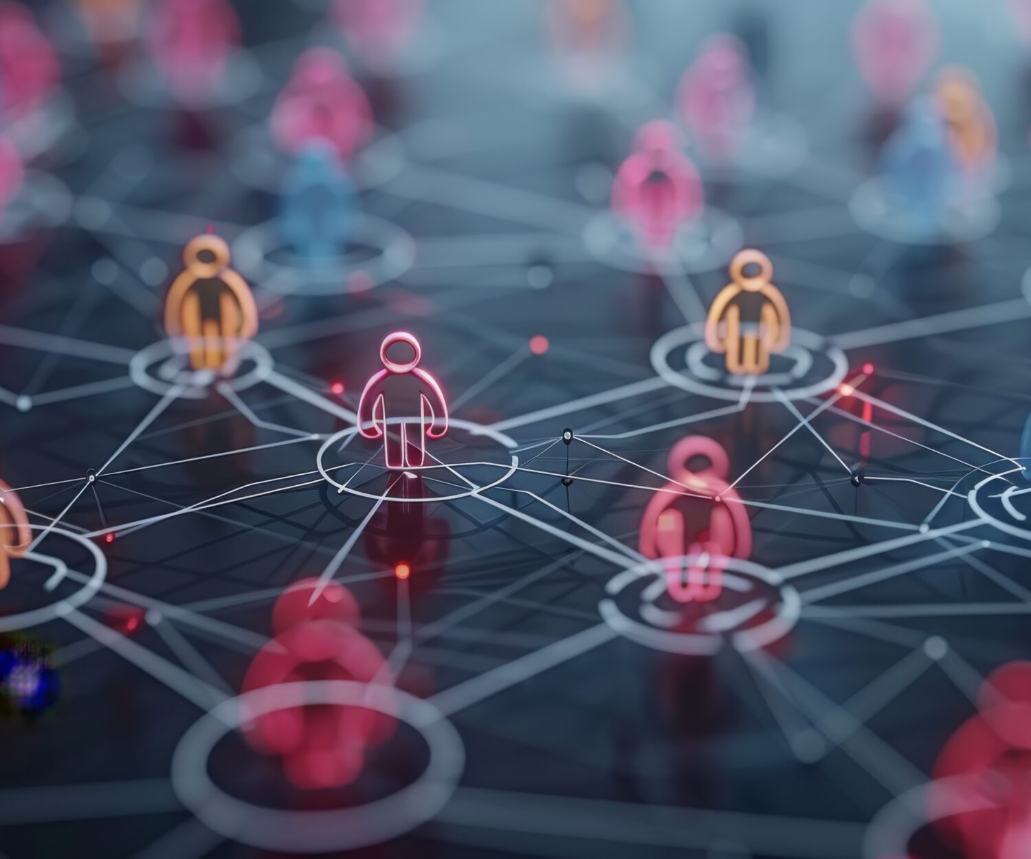 Virtual meeting concept, showcasing a network of circles with diverse user connected by digital lines, symbolizing online collaboration and communication. Generative AI.