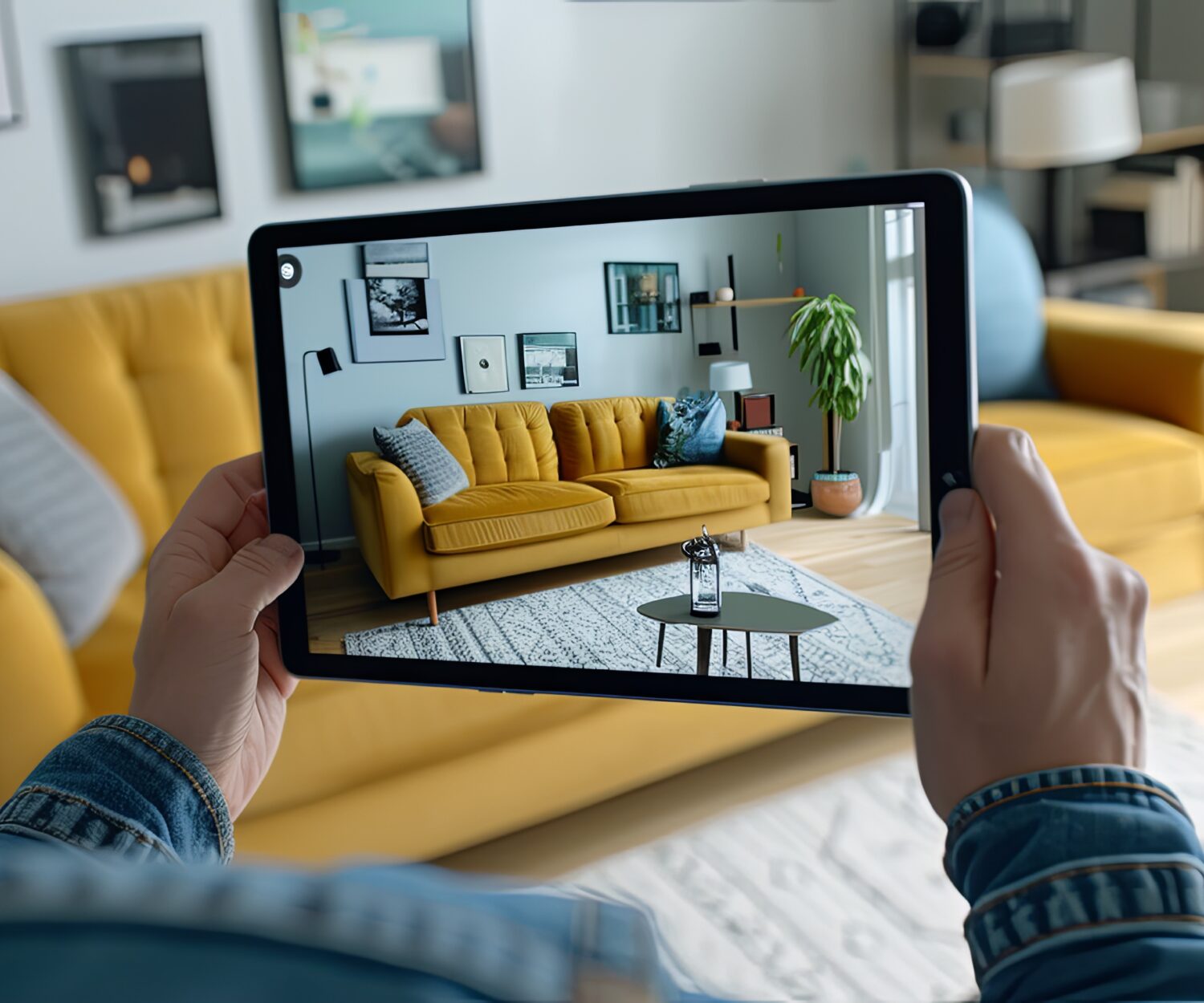 Person using a tablet with augmented reality AR features to visualize a digital model of a piece of furniture in their living room