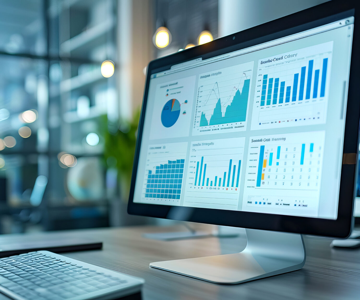 A computer monitor displaying various graphs and data analysis charts, with a blurred office background, symbolizing business analytics. Generative AI