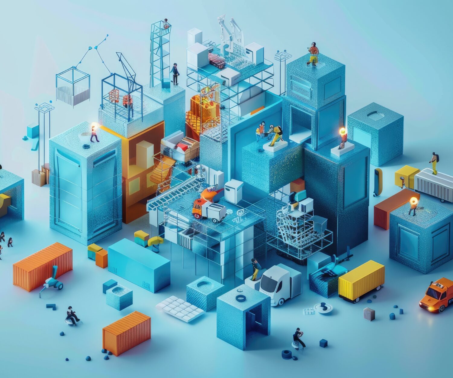 A vibrant scene of miniature figures working on various stages of construction with blue and orange elements.