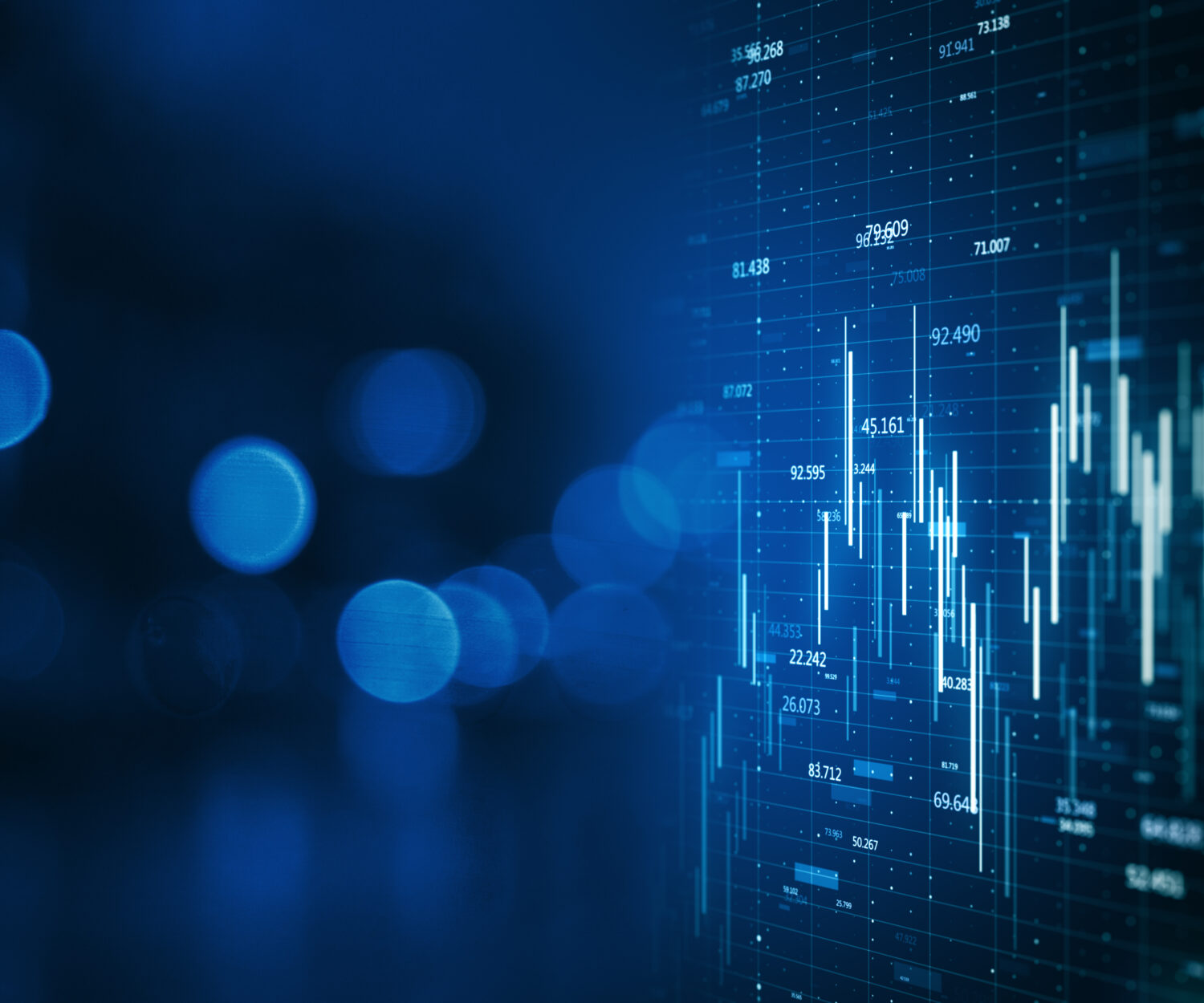 Creative forex chart on blue bokeh wallpaper. Finance and invest concept. Double exposure. 3D Rendering