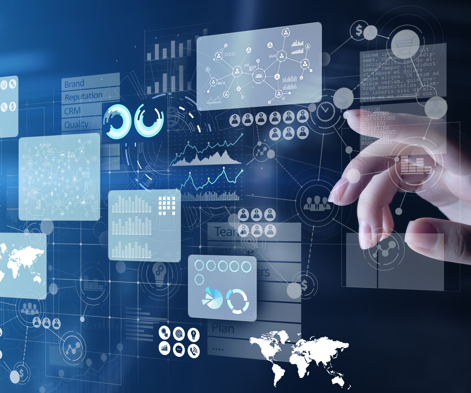 Business intelligence analyst dashboard on virtual screen. Big data Graphs Charts
