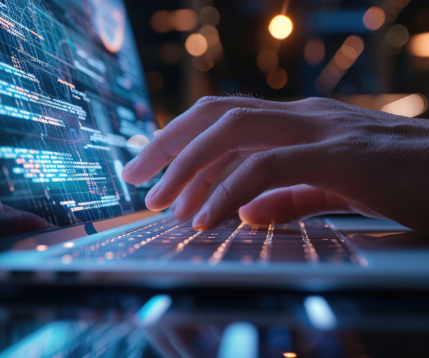 Close-up of a person's hands typing on a laptop keyboard, with the screen displaying futuristic digital data graphics