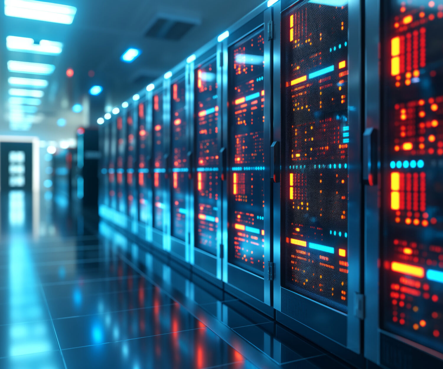 Abstract data center background, database in terminal storage, hardware server room, cloud computing, networking and hosting in rack system