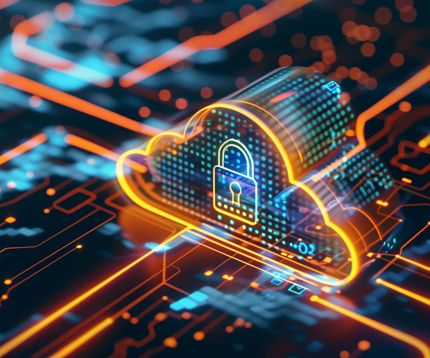 Abstract illustration of cloud security services, stylized cloud icon integrated with a secure padlock symbol, representing data protection and cybersecurity in cloud computing environments.