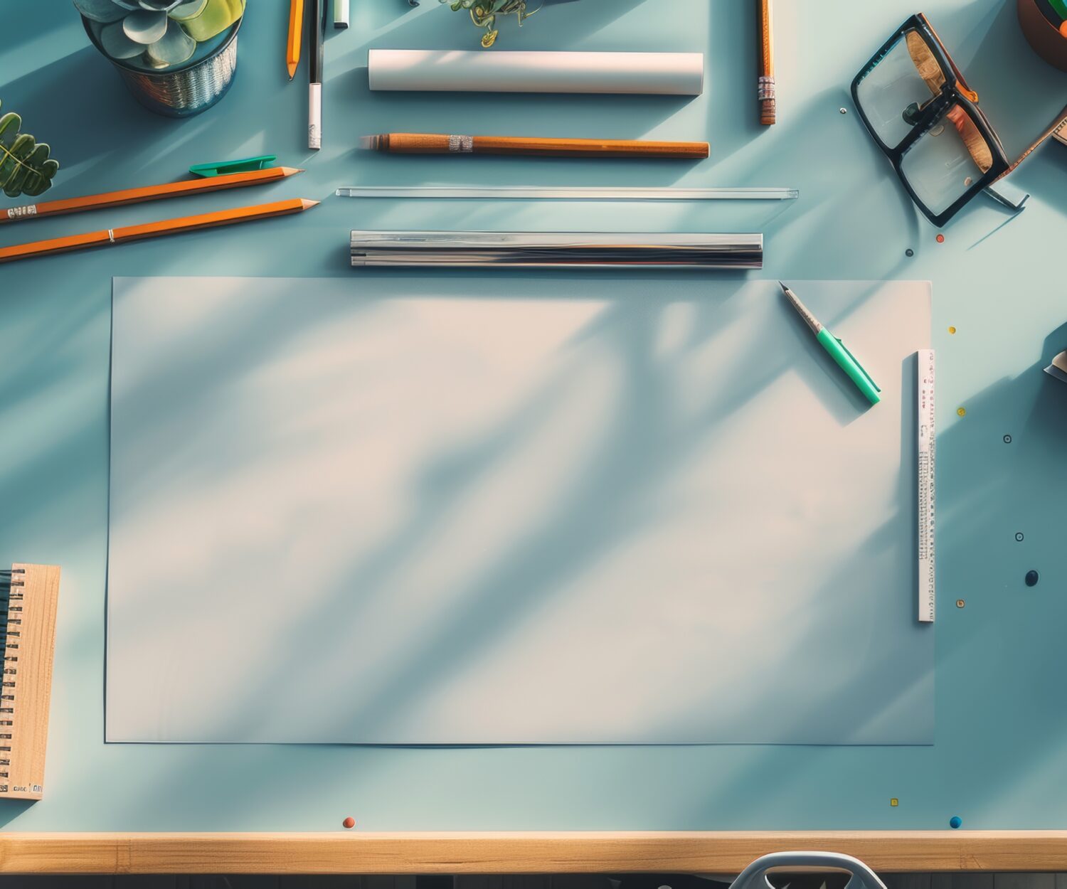 Creative workspace setup with various design tools and plants on a teal desk, organized and inspiring