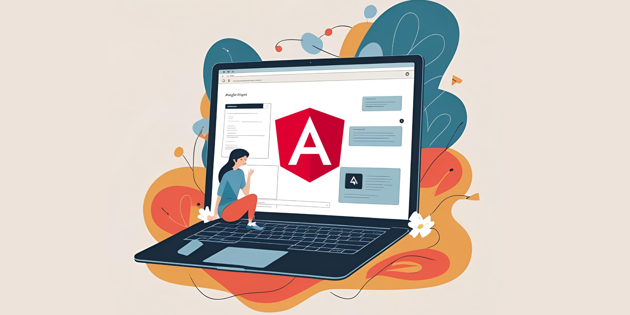 Illustration of a woman sitting on a large laptop displaying an Angular interface, with a prominent Angular logo and abstract background elements.