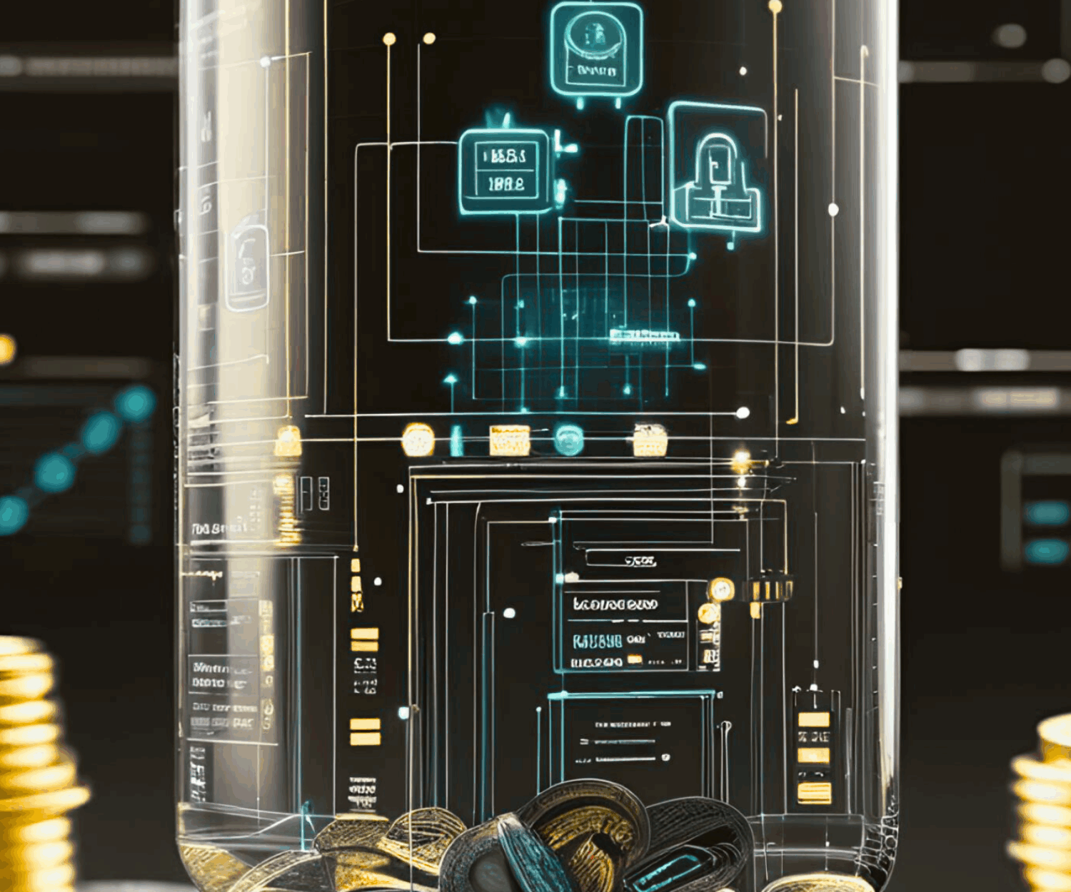 Futuristic visualization of digital assets in a transparent vault with neon blockchain schematics and gold coins.