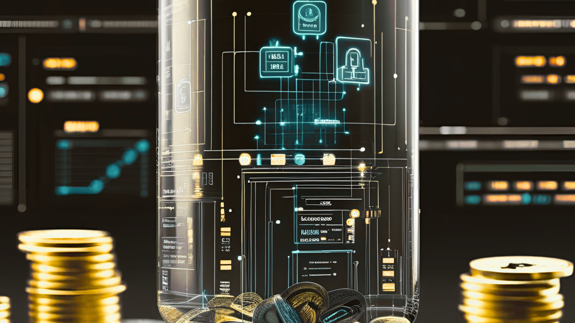 Futuristic visualization of digital assets in a transparent vault with neon blockchain schematics and gold coins.