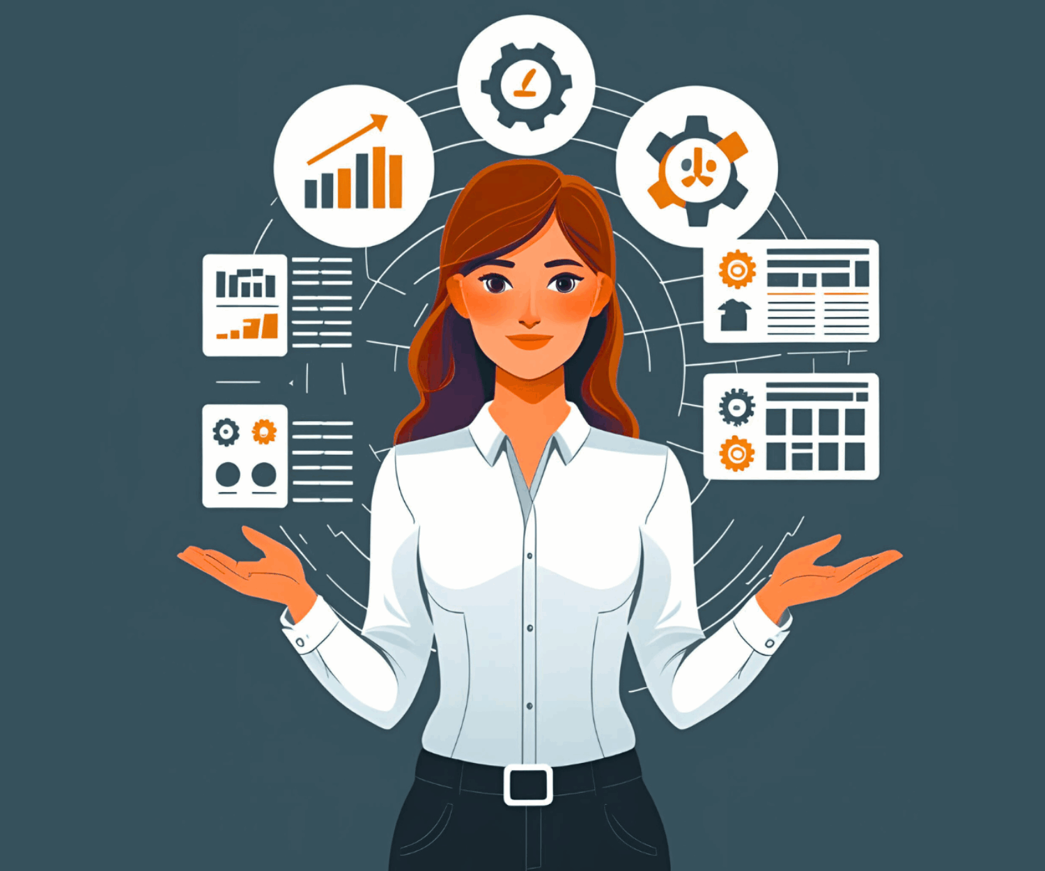 Illustration of a businesswoman surrounded by icons representing data analysis, strategic planning, operations, and organizational systems.