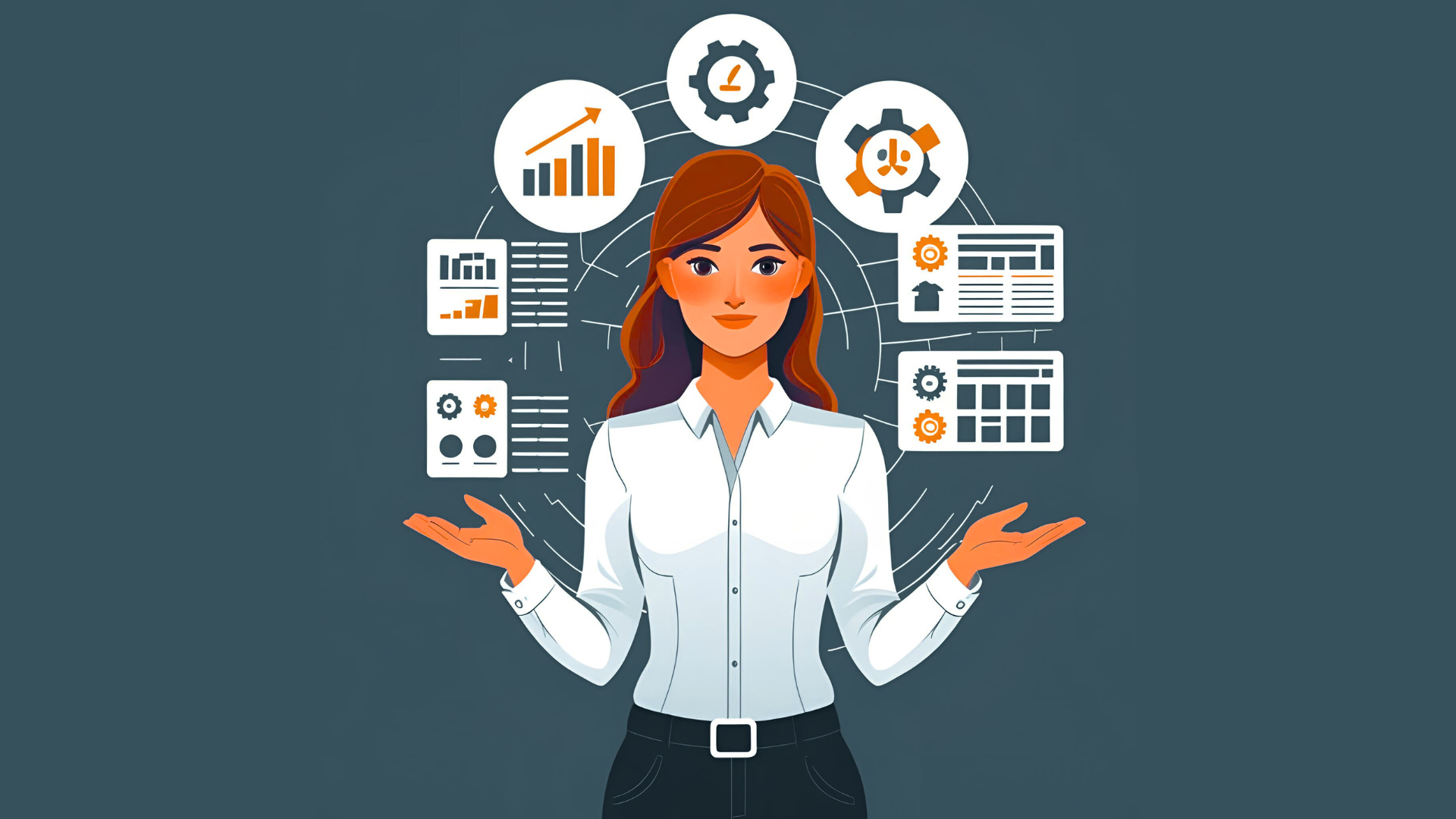 Illustration of a businesswoman surrounded by icons representing data analysis, strategic planning, operations, and organizational systems.