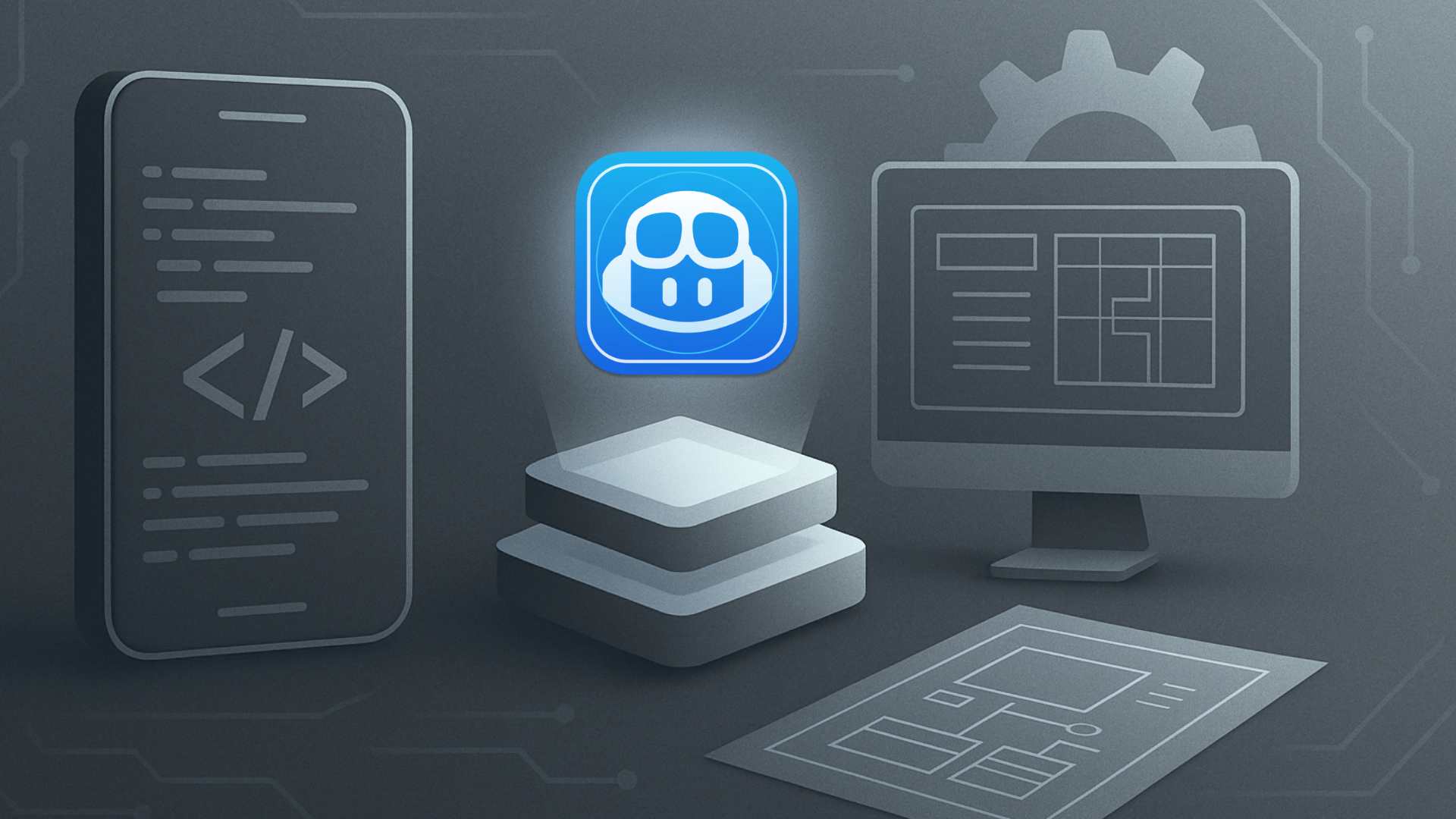 Digital illustration of modern software engineering tools including a mobile screen with code, an AI symbol, and a UI design on a monitor, evoking themes of iOS development, frontend architecture, and innovation.